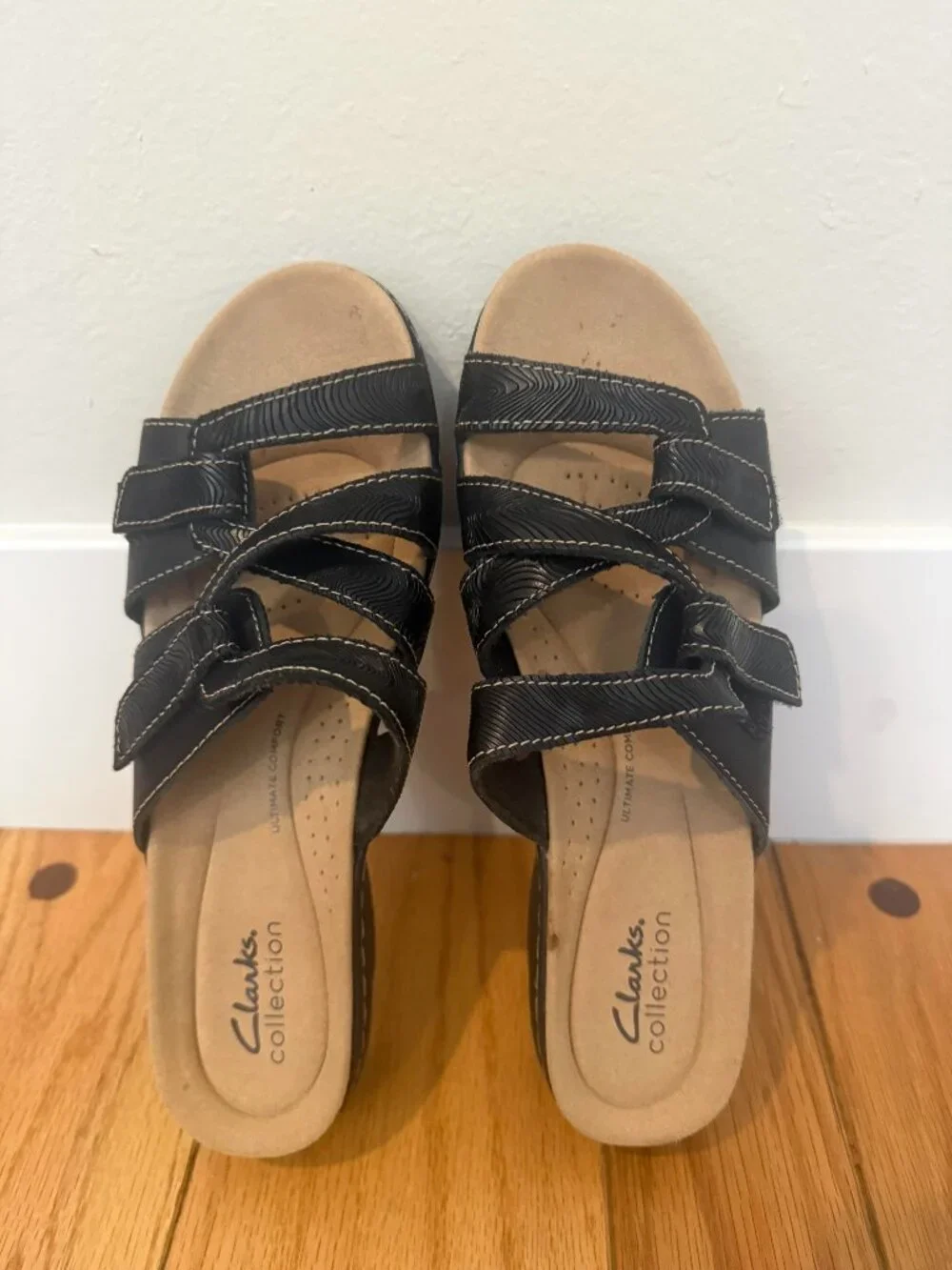Clarks Merliah Karli Sandals SlipOn Black Leather Adjustable Comfort Womens 8.5M
